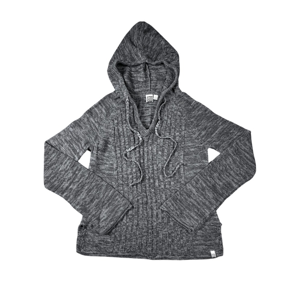 Roxy Hooded Knit Sweater Women's L Gray Surf Y2K Boho Coastal Beach Hoodie